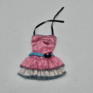 Barbie My Scene Pink Satin Ruffled Party Dress With Blue Bow & Halter Neck